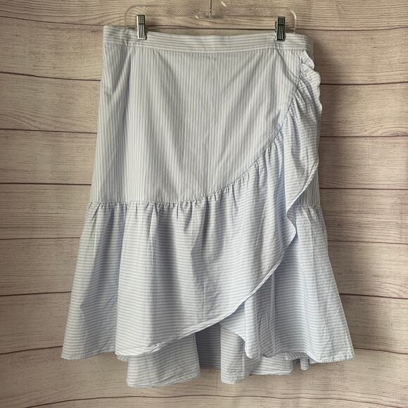 Ivanka Trump Blue and White Striped Skirt Wrap Front Ruffle Bottom Size 16 - Picture 1 of 16